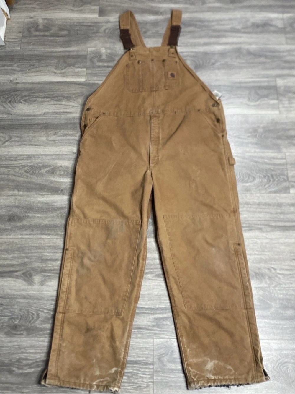 Carhartt R27 BRN Quilt Lined Duck Bib Overalls Brown 48x32 Double Knee Workwear